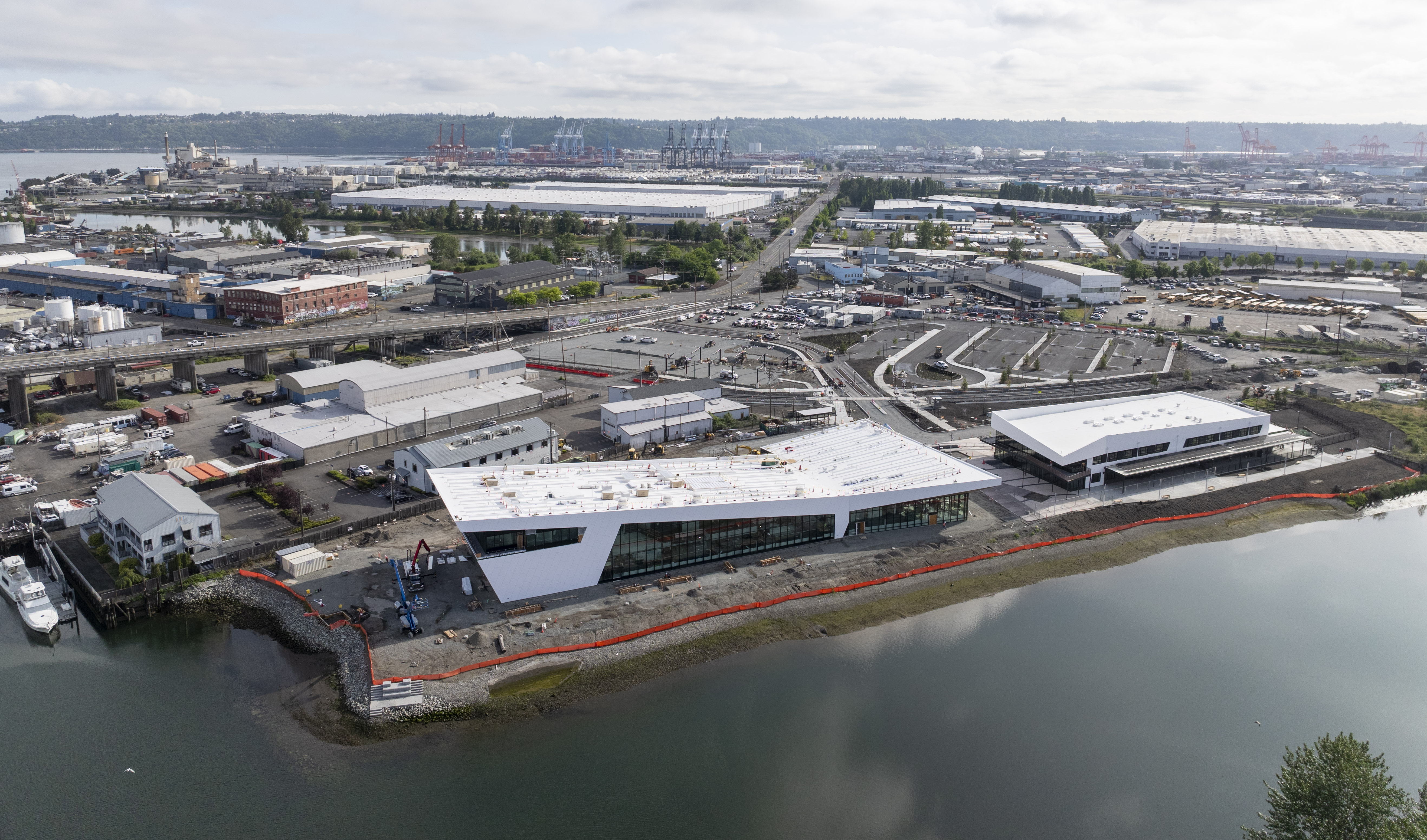 Aerial image of the new Maritime Center campus along the Foss Waterway.