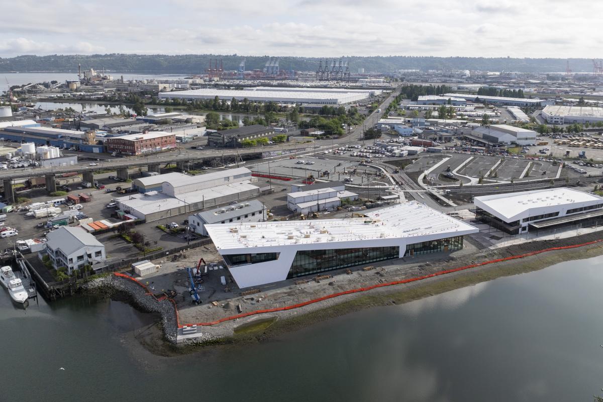 Aerial image of the new Maritime Center campus along the Foss Waterway.